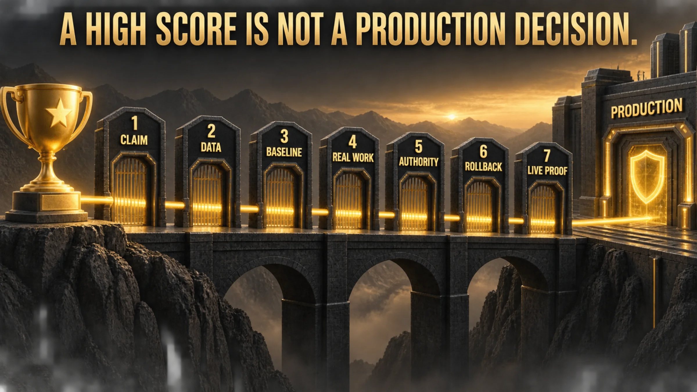 Seven AI production gates infographic showing how an agent moves from evaluation score to production