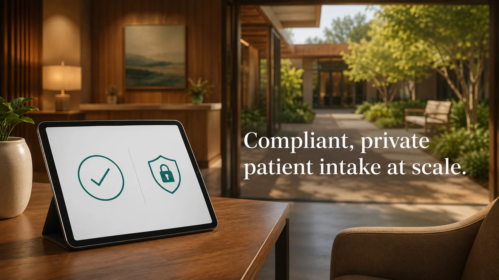Private, warm clinical intake setting with a tablet showing verification and security icons.