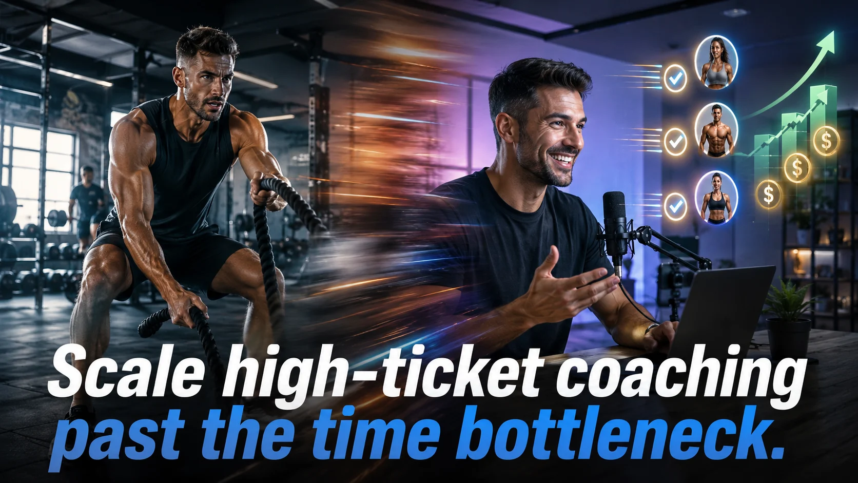 Fitness coach transitions from training in a gym to presenting from a creator studio.