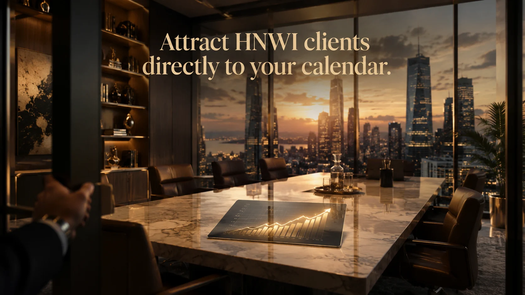 Premium boardroom with a city skyline and an upward portfolio graph on a tablet.