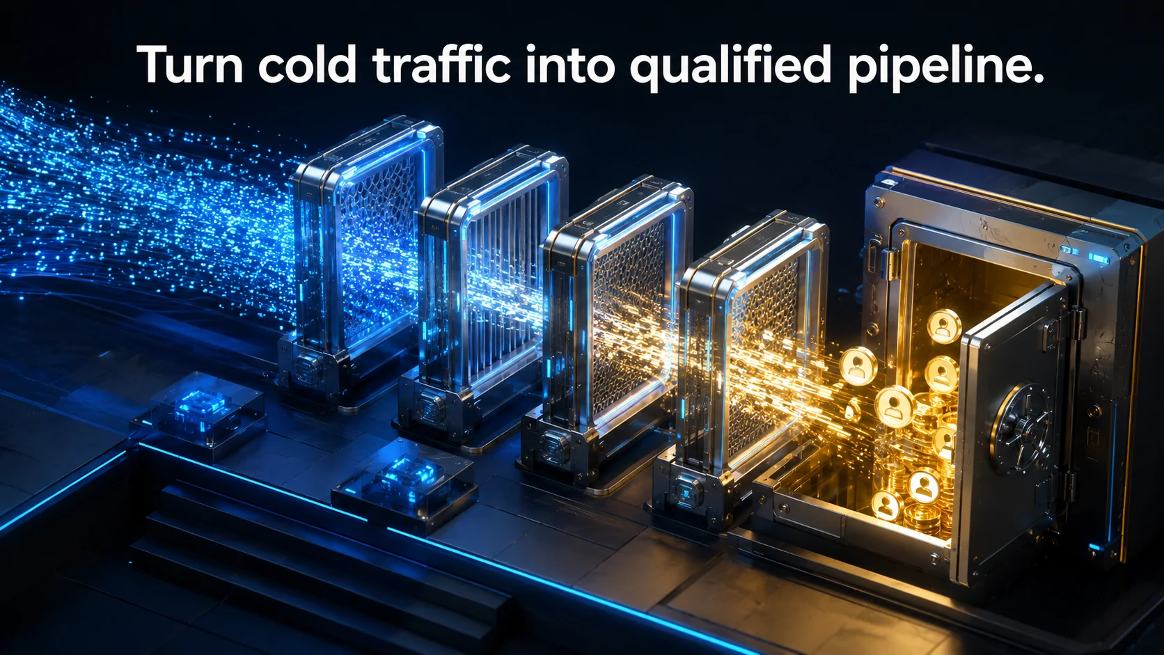 Glowing traffic passes through a sequence of filter gates into a secure vault of qualified contacts.