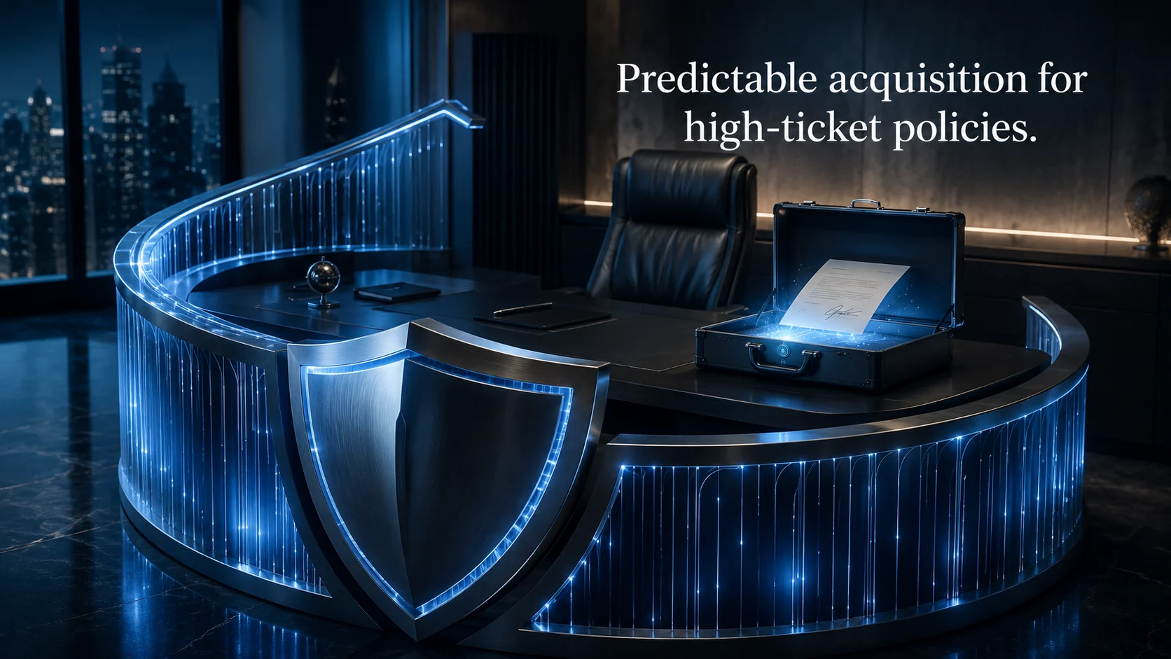 Blue-lit executive desk with a titanium shield and secure policy-document case.