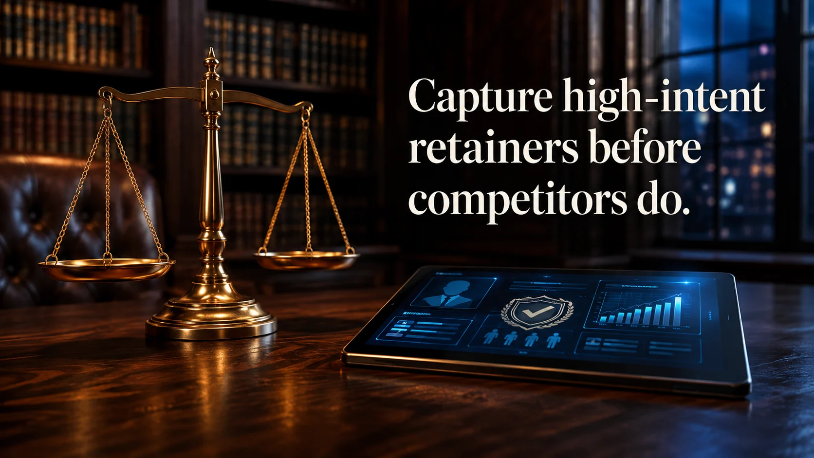 Scales of justice beside a tablet displaying a secure legal-intake dashboard.