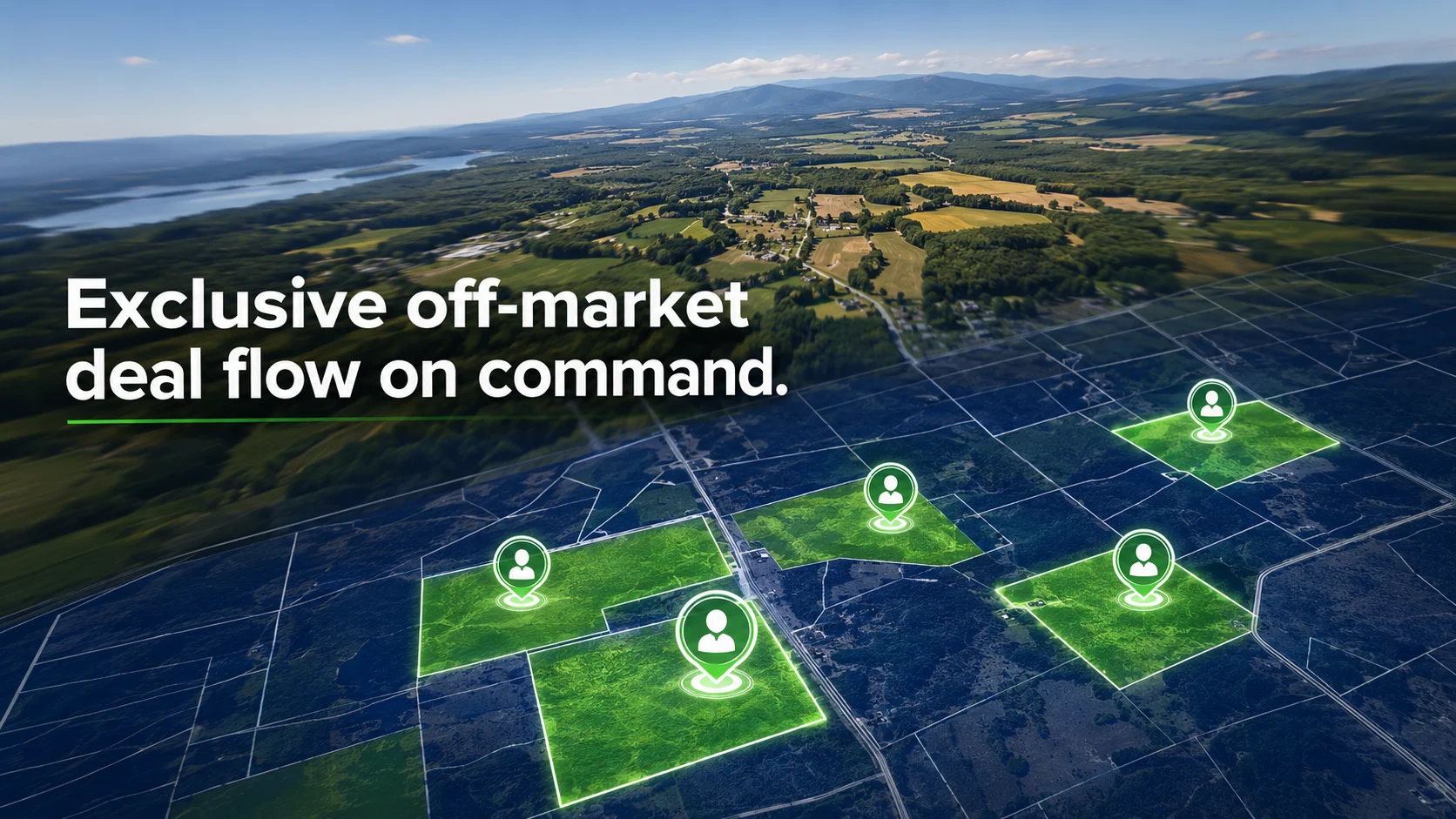 Aerial rural land map with highlighted parcels and owner markers.