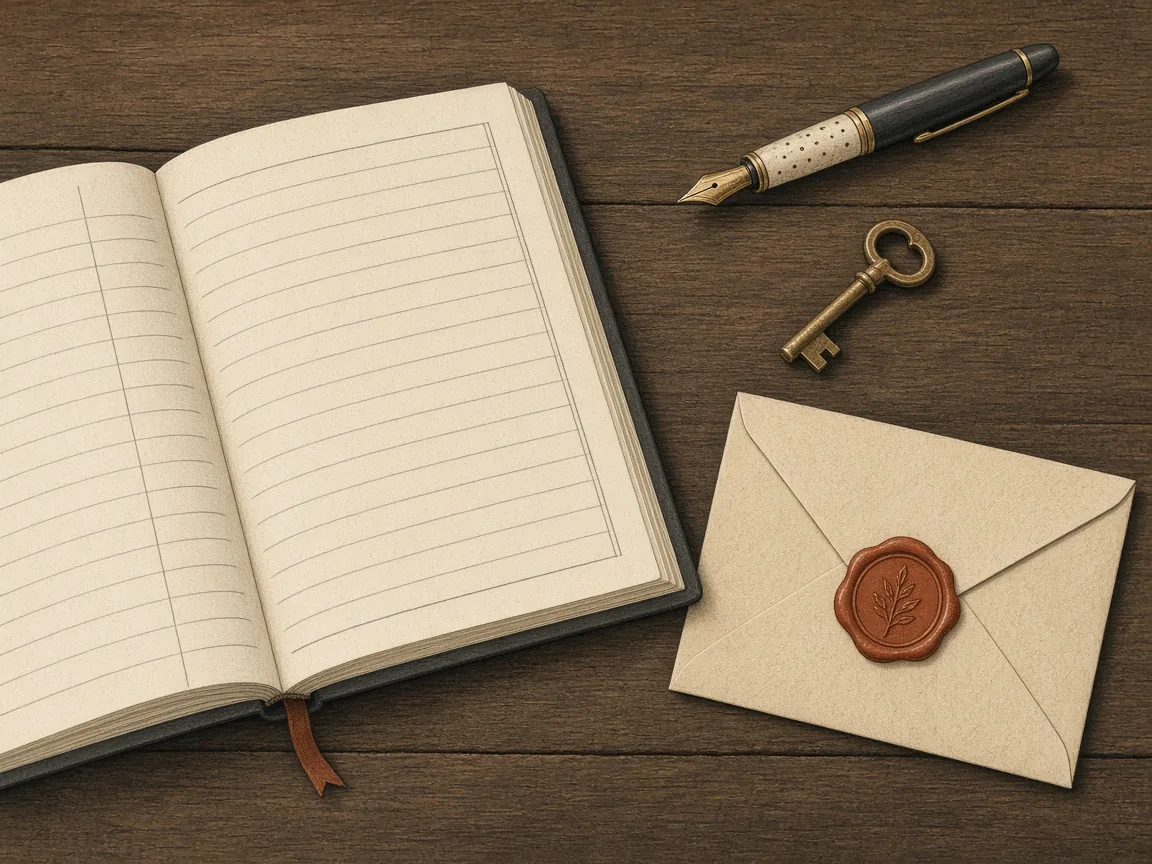 An open blank ledger, a fountain pen, a brass key and a wax-sealed envelope on a wooden table.